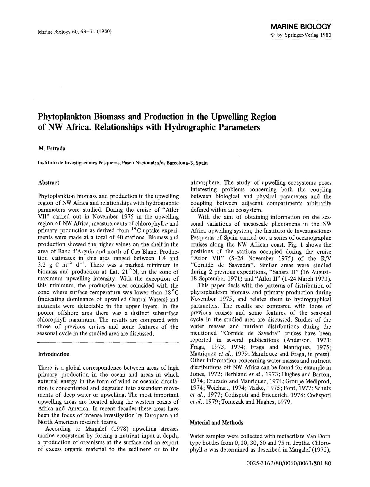 Phytoplankton biomass and production in the upwelling region of NW Africa. Relationships with hydrographic parameters by Unknown