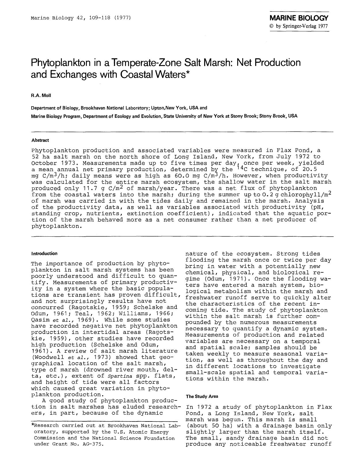 Phytoplankton in a temperate-zone salt marsh: Net production and exchanges with coastal waters by Unknown