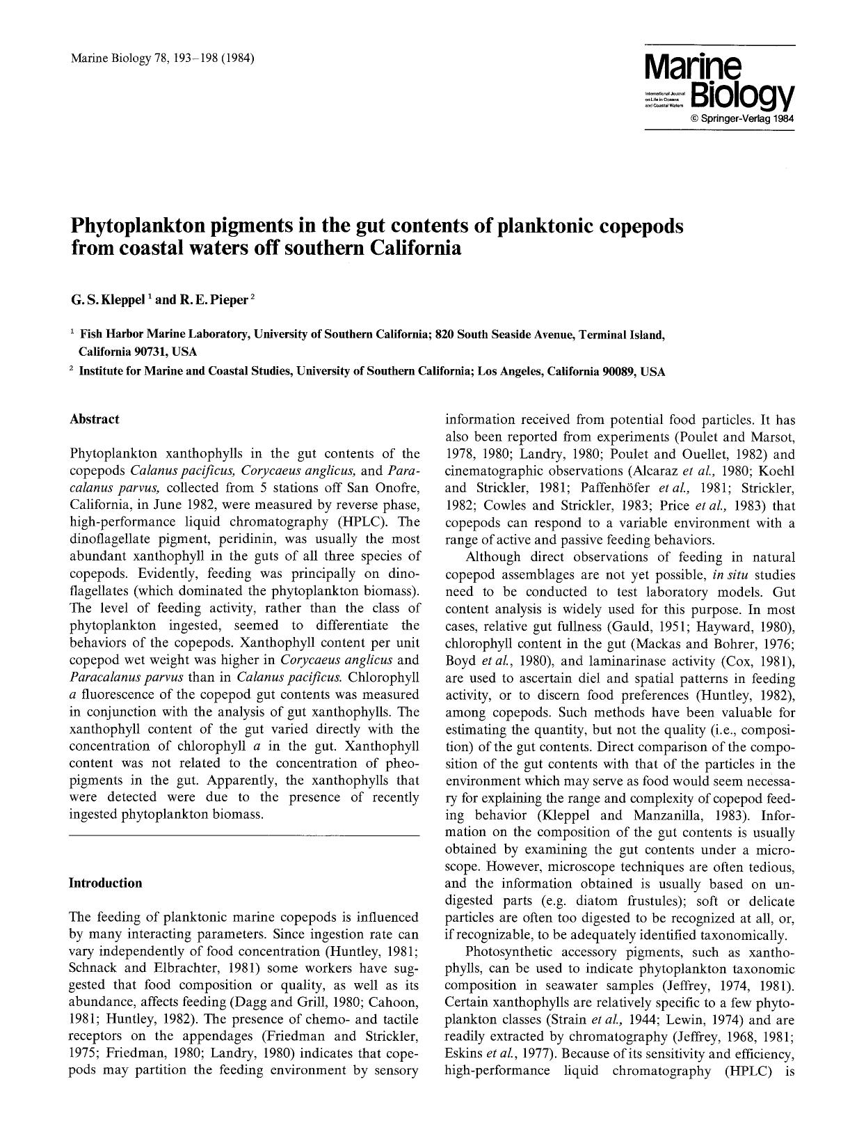 Phytoplankton pigments in the gut concents of planktonic copepods from coastal waters off southern California by Unknown