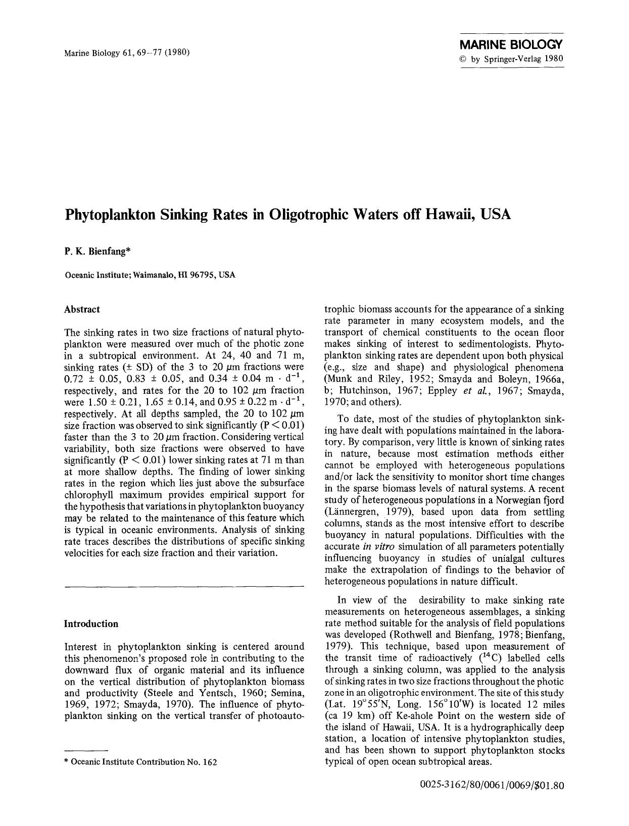 Phytoplankton sinking rates in oligotrophic waters off Hawaii, USA by Unknown