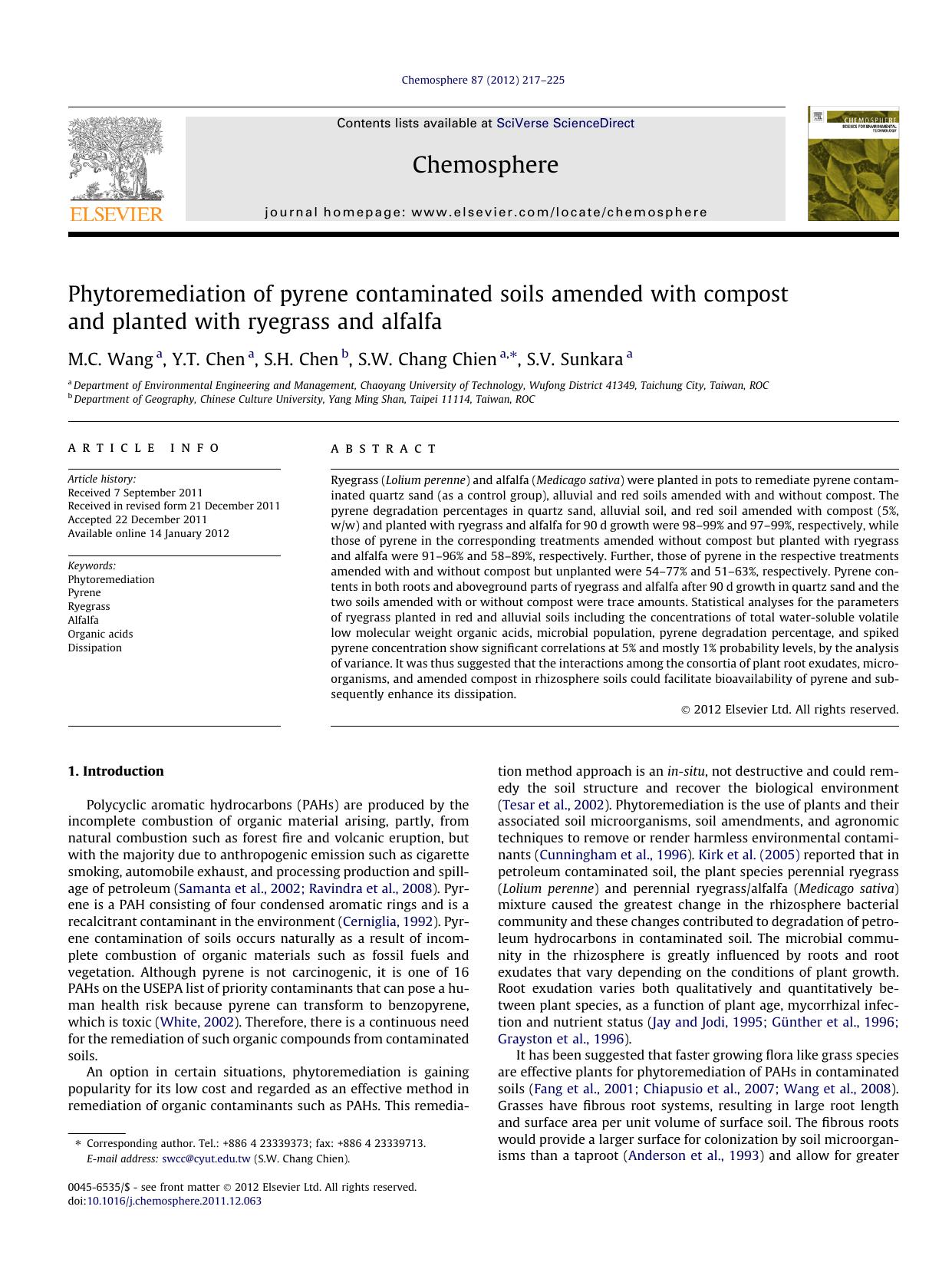 Phytoremediation of pyrene contaminated soils amended with compost and planted with ryegrass and alfalfa by M.C. Wang & Y.T. Chen & S.H. Chen & S.W. Chang Chien & S.V. Sunkara