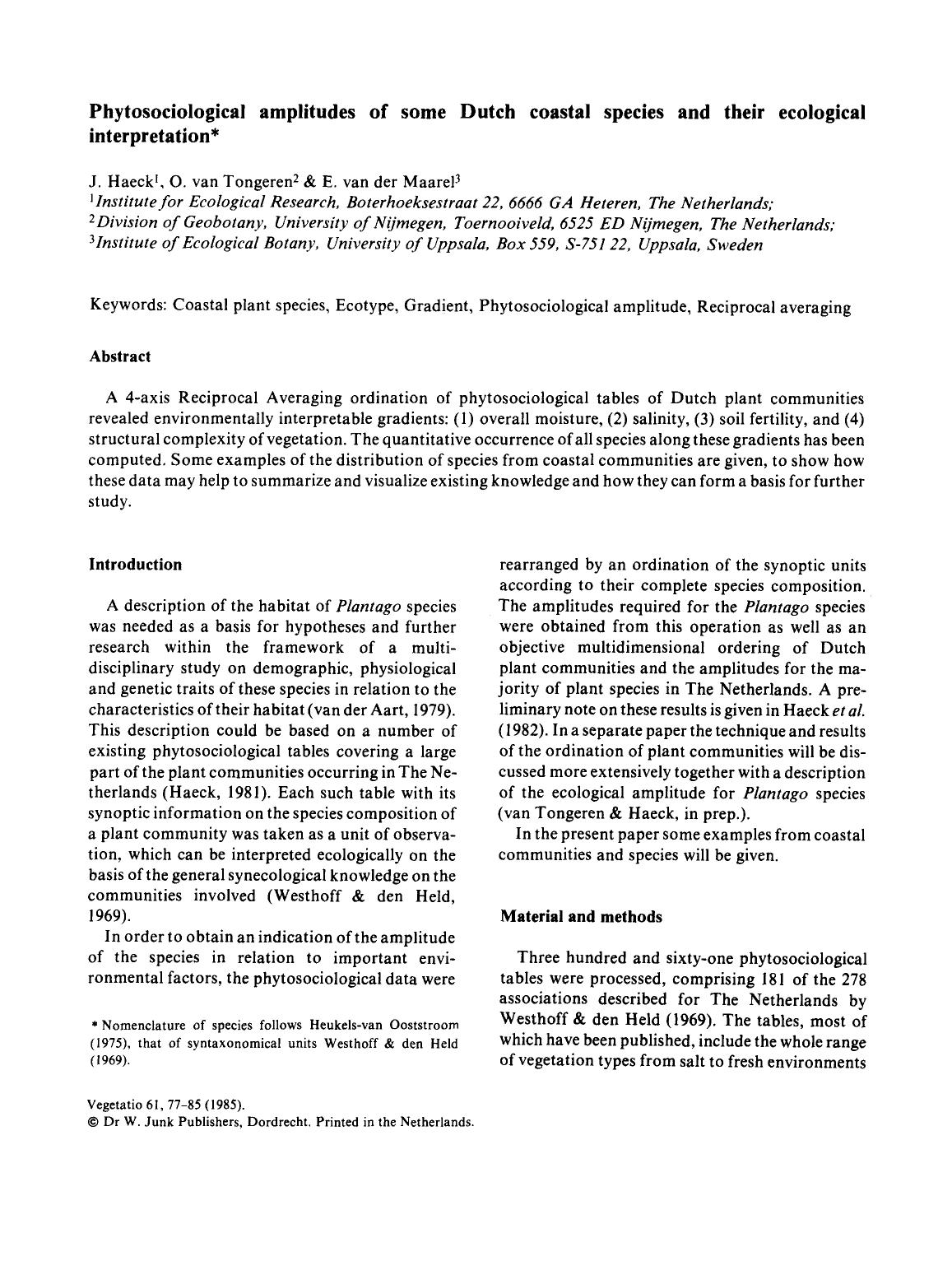 Phytosociological amplitudes of some Dutch coastal species and their ecological interpretation by Unknown