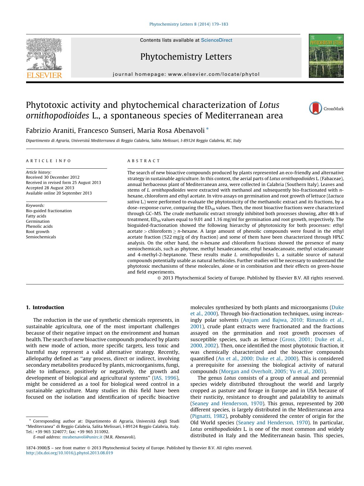 Phytotoxic activity and phytochemical characterization of Lotus ornithopodioides L., a spontaneous species of Mediterranean area by Fabrizio Araniti & Francesco Sunseri & Maria Rosa Abenavoli