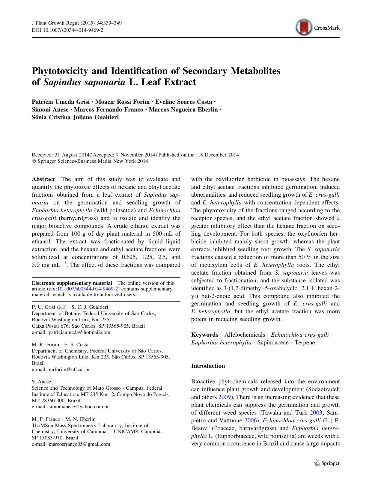 Phytotoxicity and Identification of Secondary Metabolites of Sapindus saponaria L. Leaf Extract by unknow