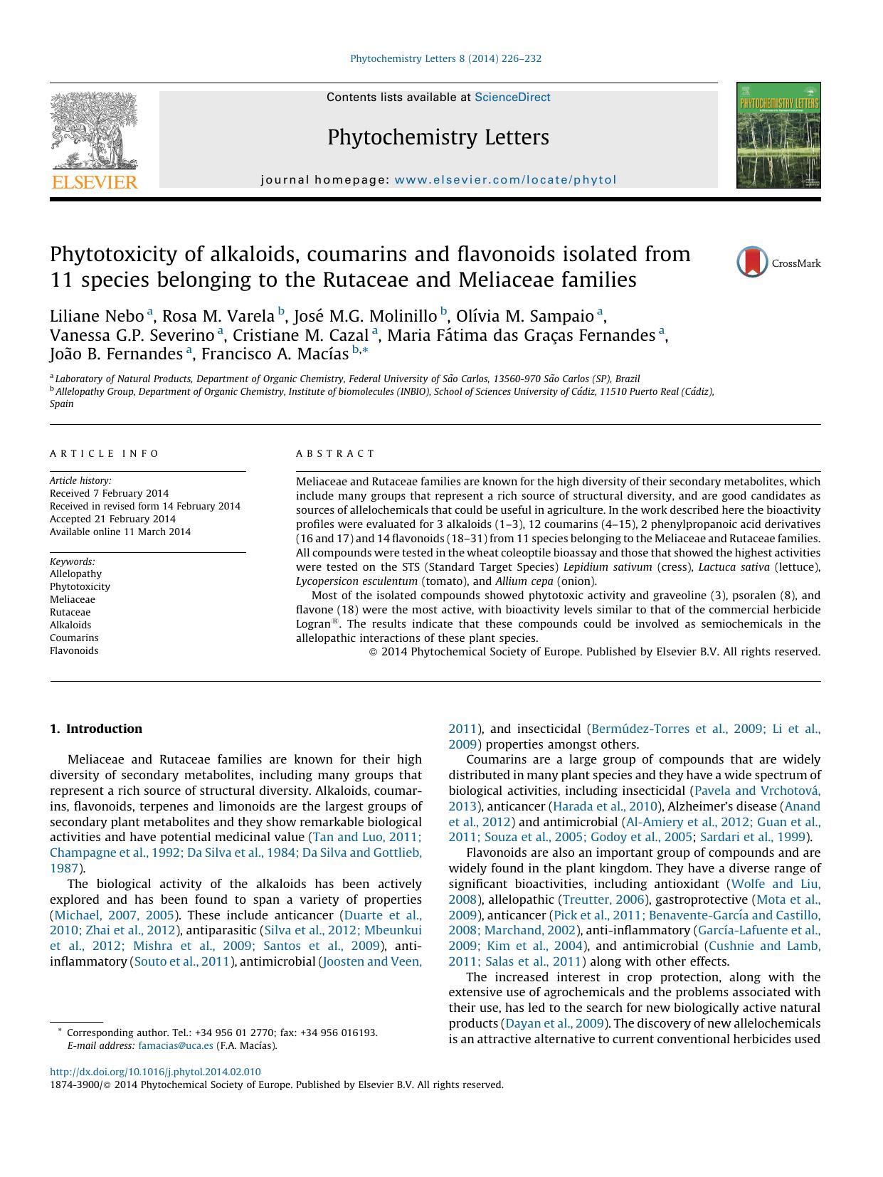Phytotoxicity of alkaloids, coumarins and flavonoids isolated from 11 species belonging to the Rutaceae and Meliaceae families by unknow