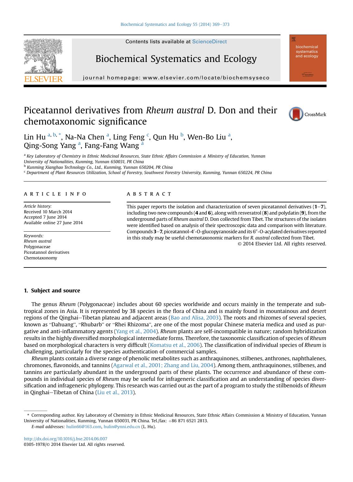 Piceatannol derivatives from Rheum austral D. Don and their chemotaxonomic significance by Lin Hu & Na-Na Chen & Ling Feng & Qun Hu & Wen-Bo Liu & Qing-Song Yang & Fang-Fang Wang