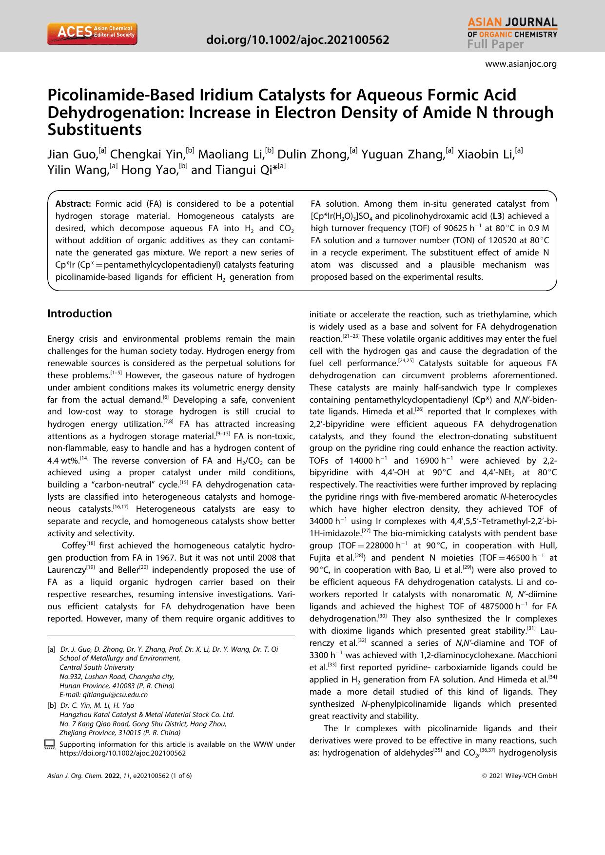 PicolinamideâBased Iridium Catalysts for Aqueous Formic Acid Dehydrogenation: Increase in Electron Density of Amide N through Substituents by Unknown