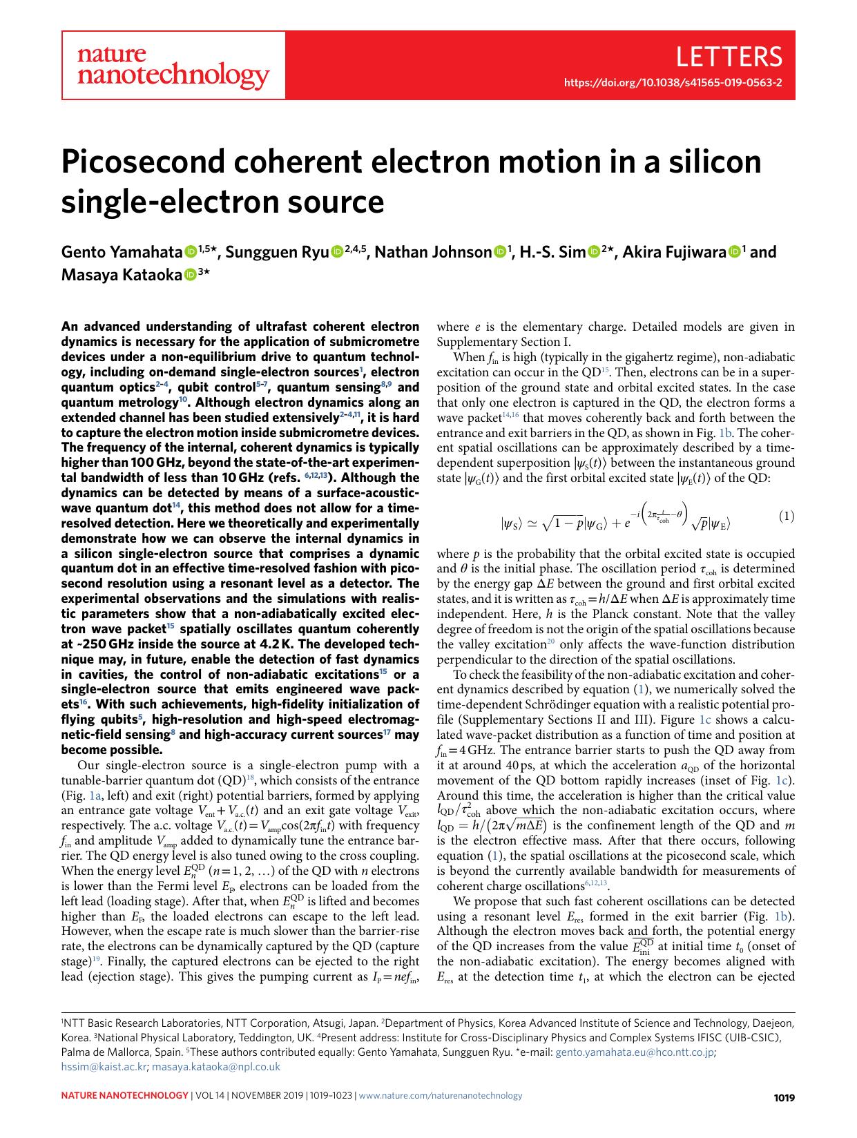 Picosecond coherent electron motion in a silicon single-electron source by Gento Yamahata & Sungguen Ryu & Nathan Johnson & H.-S. Sim & Akira Fujiwara & Masaya Kataoka