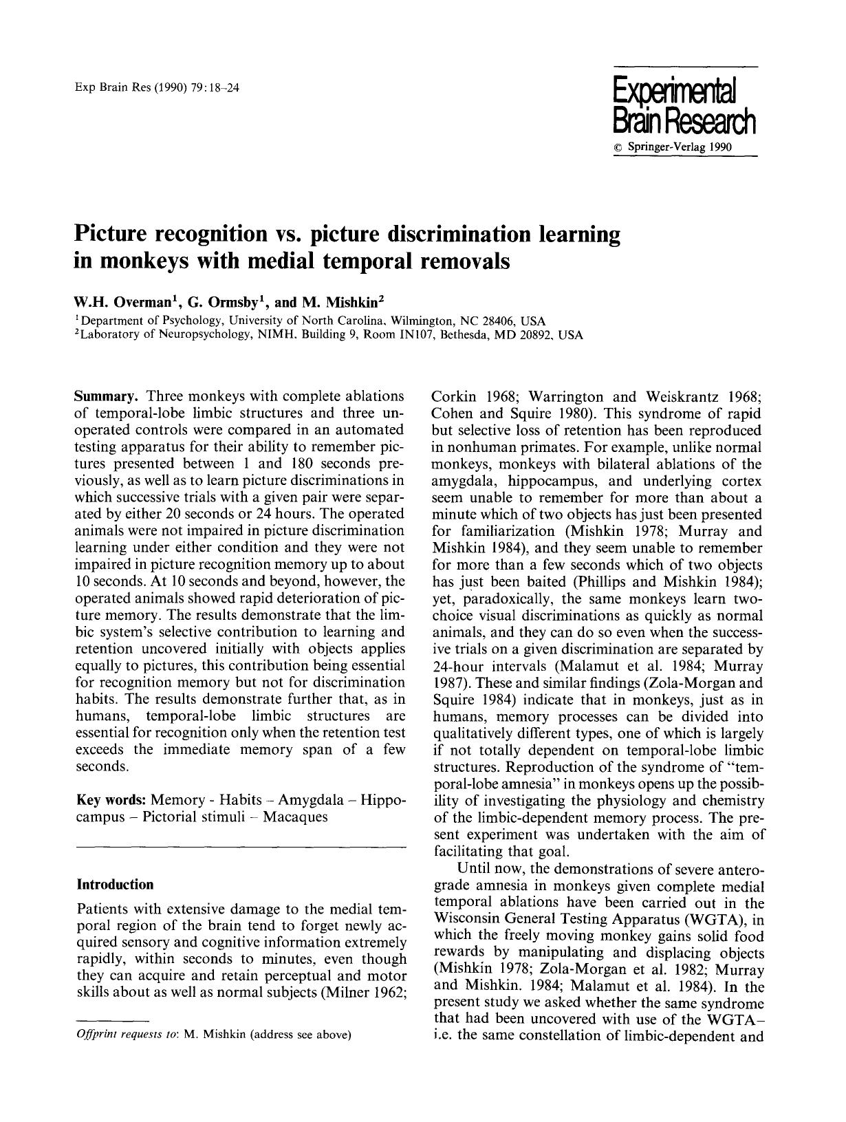 Picture recognition vs. picture discrimination learning in monkeys with medial temporal removals by Unknown