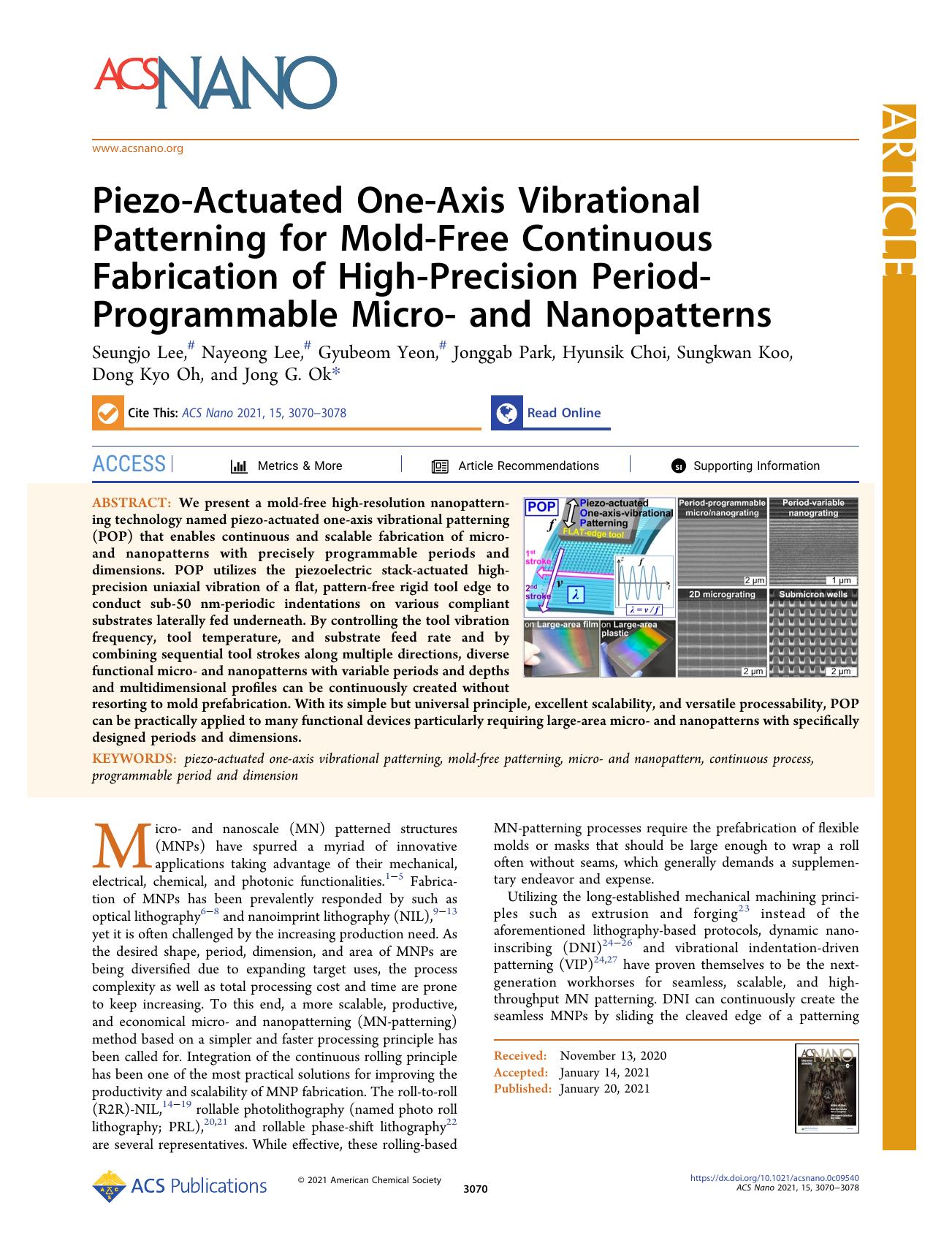 Piezo-Actuated One-Axis Vibrational Patterning for Mold-Free Continuous Fabrication of High-Precision Period-Programmable Micro- and Nanopatterns by unknow