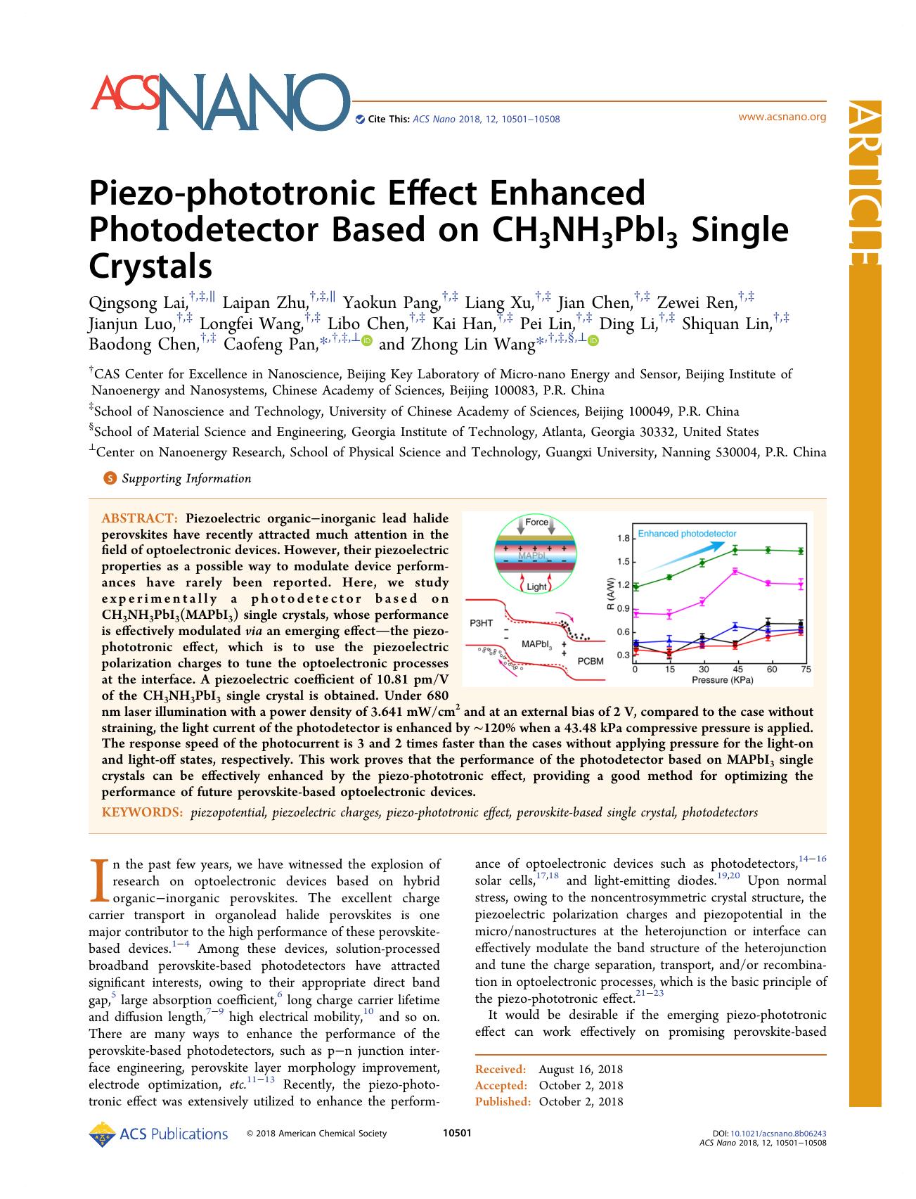 Piezo-phototronic Effect Enhanced Photodetector Based on CH3NH3PbI3 Single Crystals by unknow
