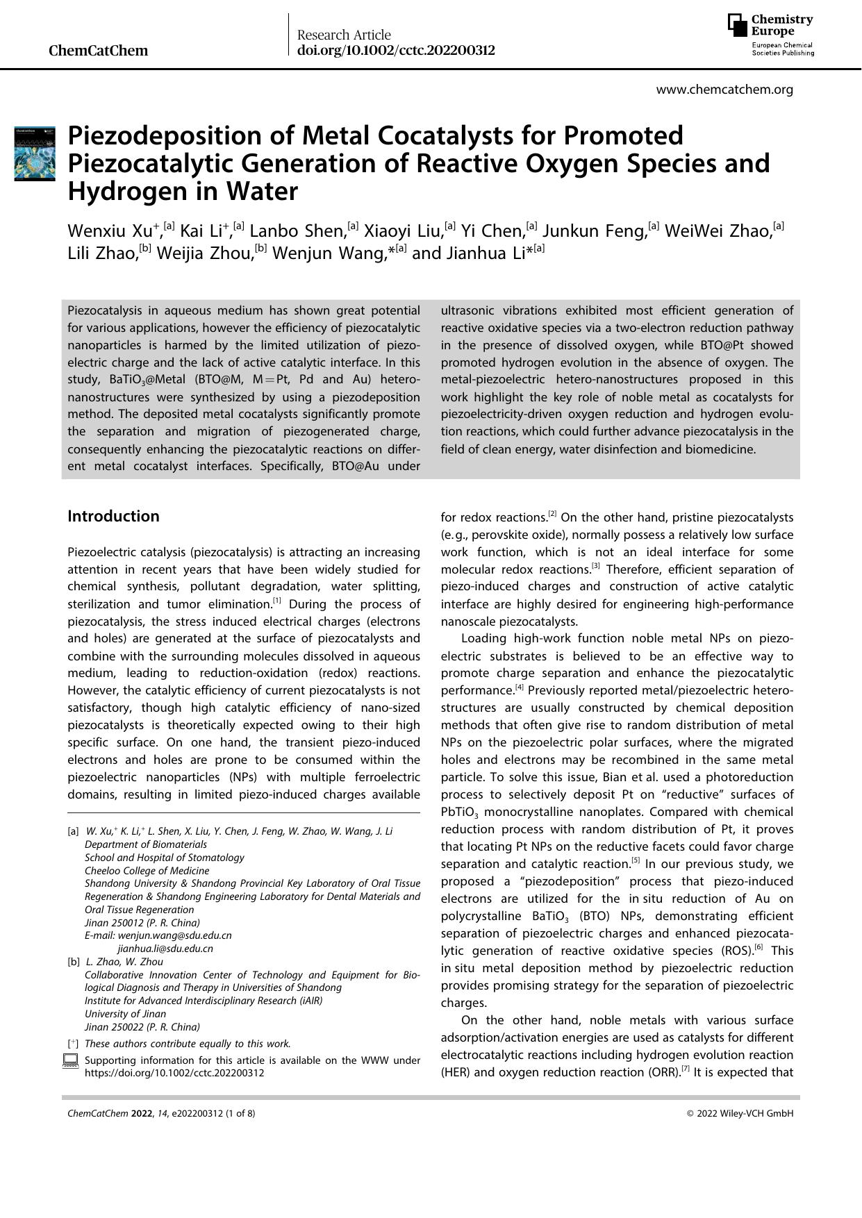 Piezodeposition of Metal Cocatalysts for Promoted Piezocatalytic Generation of Reactive Oxygen Species and Hydrogen in Water by Unknown