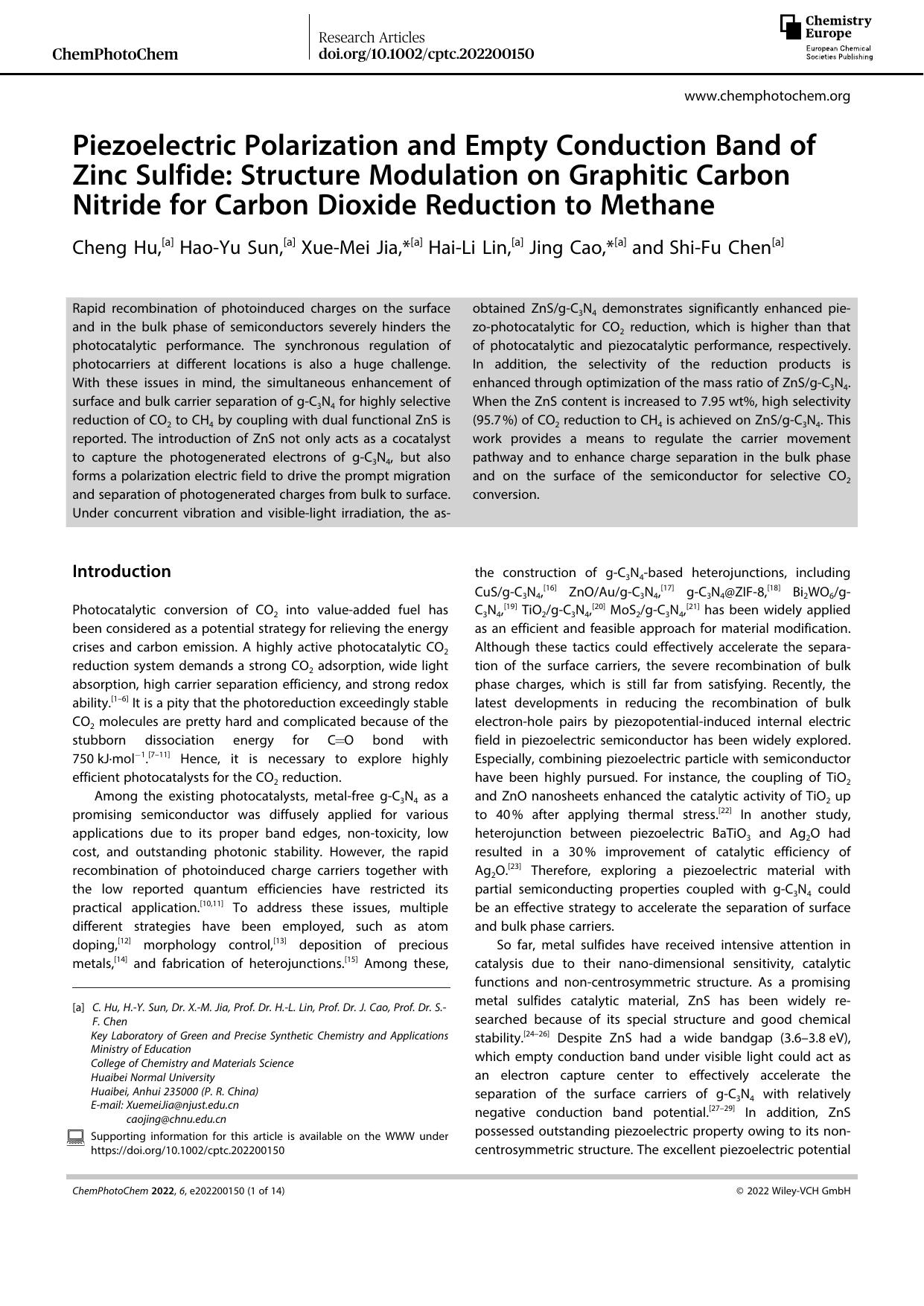 Piezoelectric Polarization and Empty Conduction Band of Zinc Sulfide: Structure Modulation on Graphitic Carbon Nitride for Carbon Dioxide Reduction to Methane by Unknown