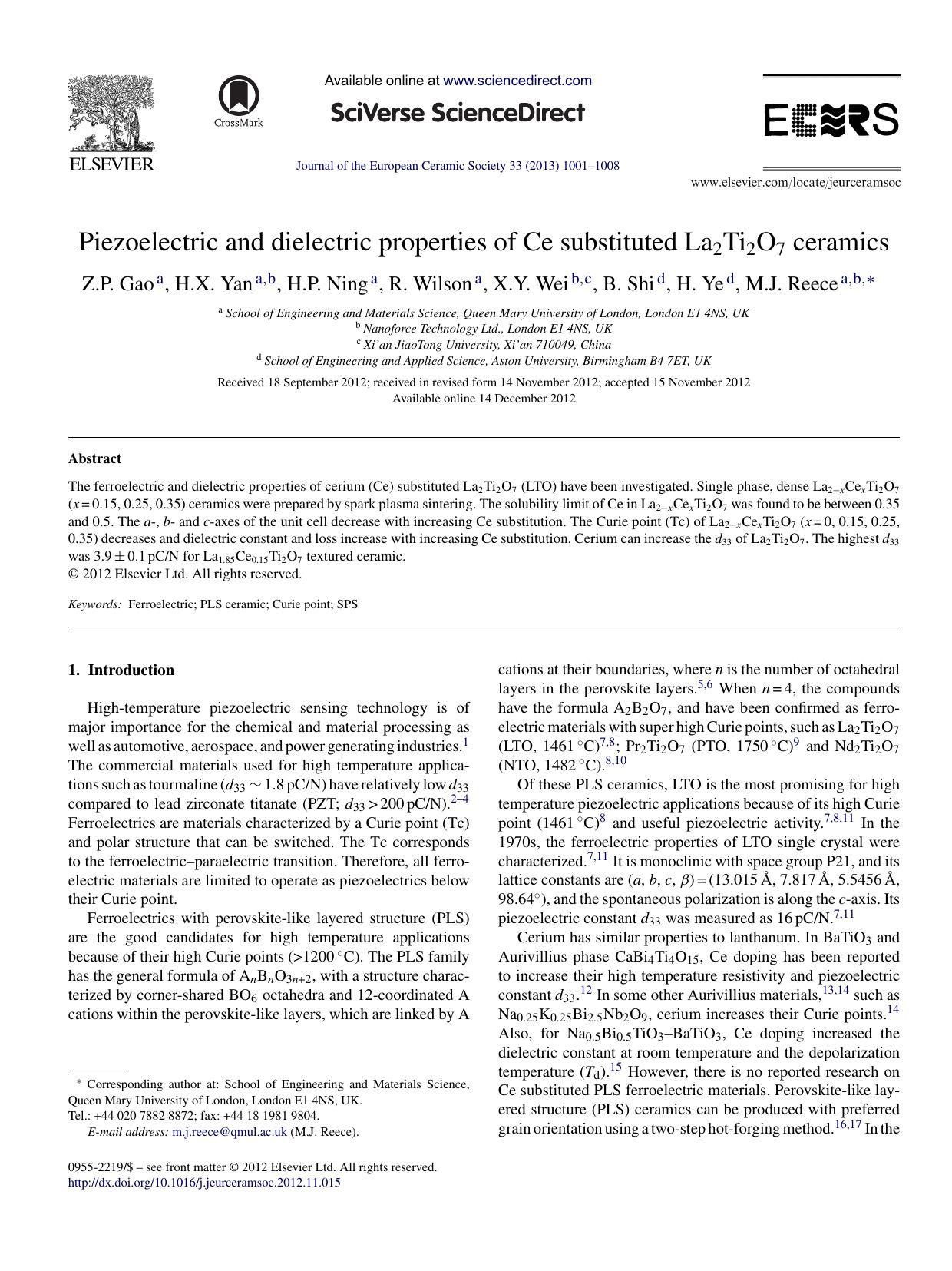 Piezoelectric and dielectric properties of Ce substituted La2Ti2O7 ceramics by Z.P. Gao