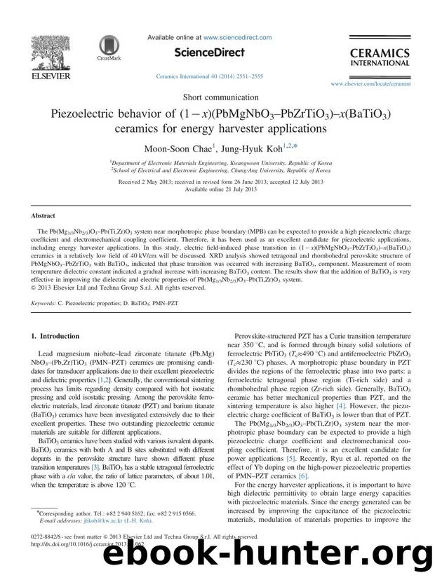 Piezoelectric behavior of (1âx)(PbMgNbO3âPbZrTiO3)âx(BaTiO3) ceramics for energy harvester applications by Moon-Soon Chae & Jung-Hyuk Koh