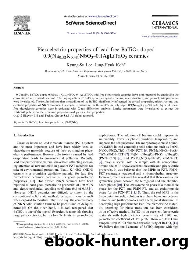 Piezoelectric properties of lead free BaTiO3 doped 0.9(Na0.52K0.48)NbO3â0.1AgLiTaO3 ceramics by Kyung-Su Lee & Jung-Hyuk Koh
