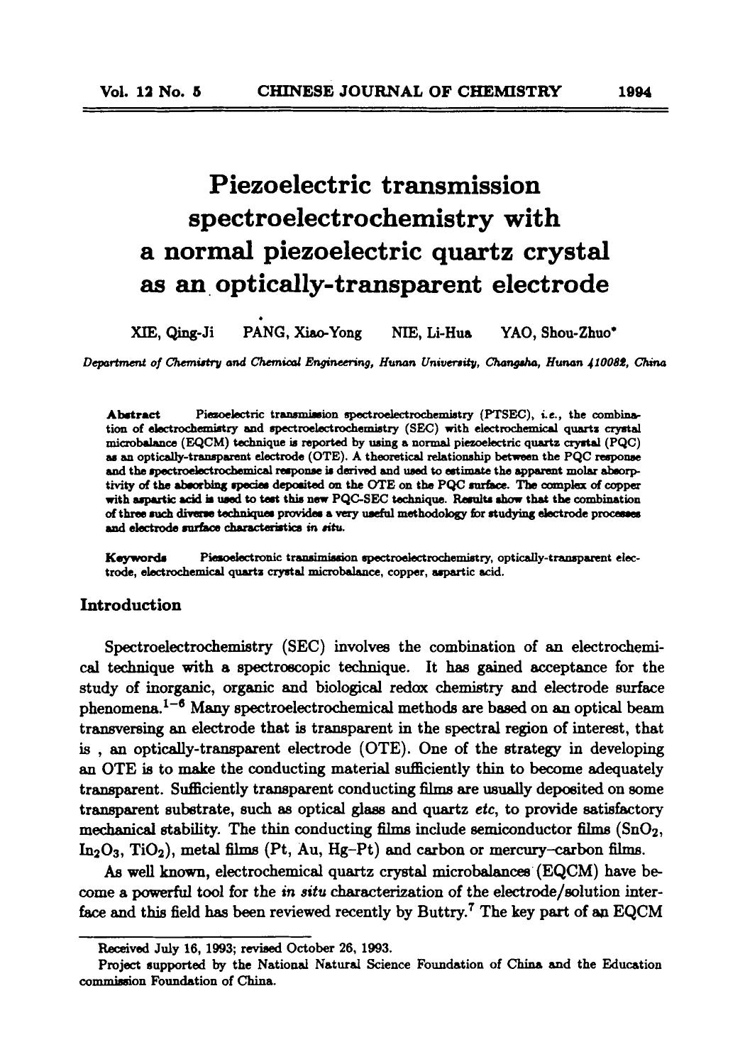Piezoelectric transmission spectroelectrochemistry with a normal piezoelectric quartz crystal as an opticallytransparent electrode by Unknown
