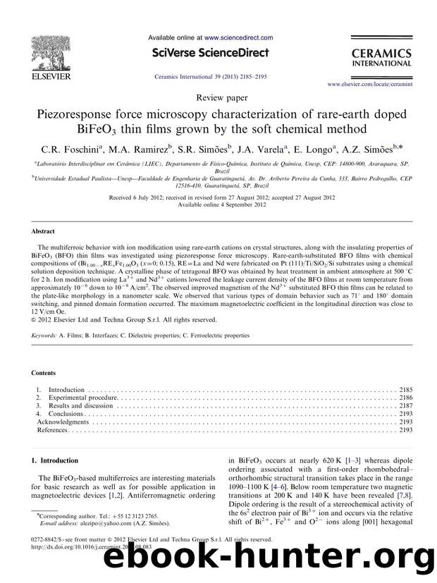 Piezoresponse force microscopy characterization of rare-earth doped BiFeO3 thin films grown by the soft chemical method by C.R. Foschini & M.A. Ramirez & S.R. Simões & J.A. Varela & E. Longo & A.Z. Simões