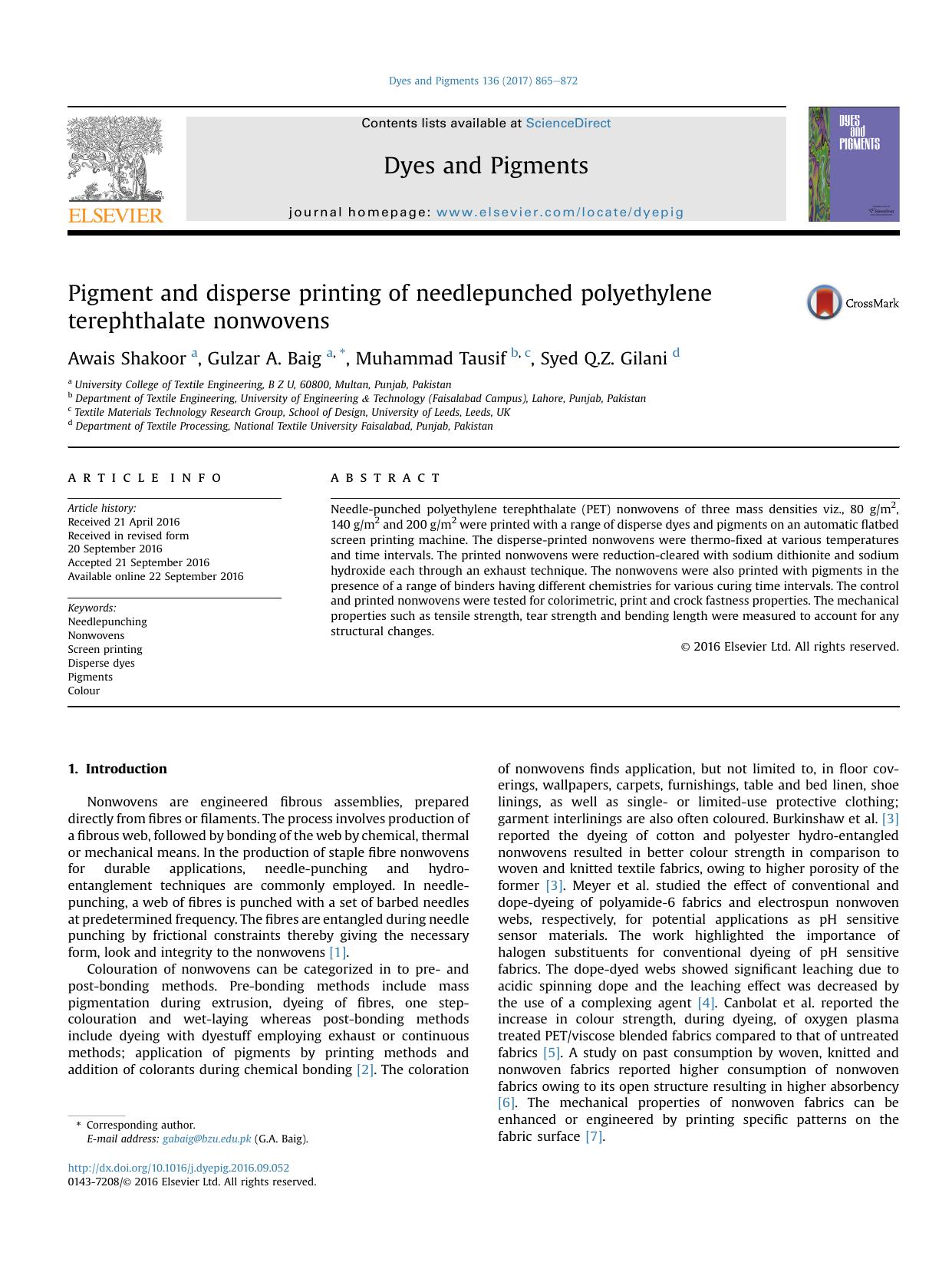 Pigment and disperse printing of needlepunched polyethylene terephthalate nonwovens by Awais Shakoor & Gulzar A. Baig & Muhammad Tausif & Syed Q.Z. Gilani