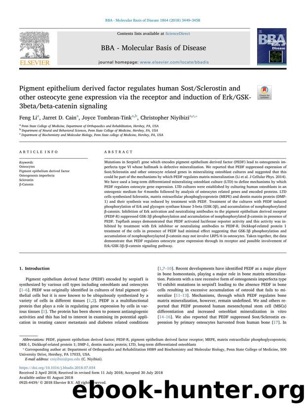 Pigment epithelium derived factor regulates human SostSclerostin and other osteocyte gene expression via the receptor and induction of ErkGSK-3betabeta-catenin signaling by Feng Li & Jarret D. Cain & Joyce Tombran-Tink & Christopher Niyibizi