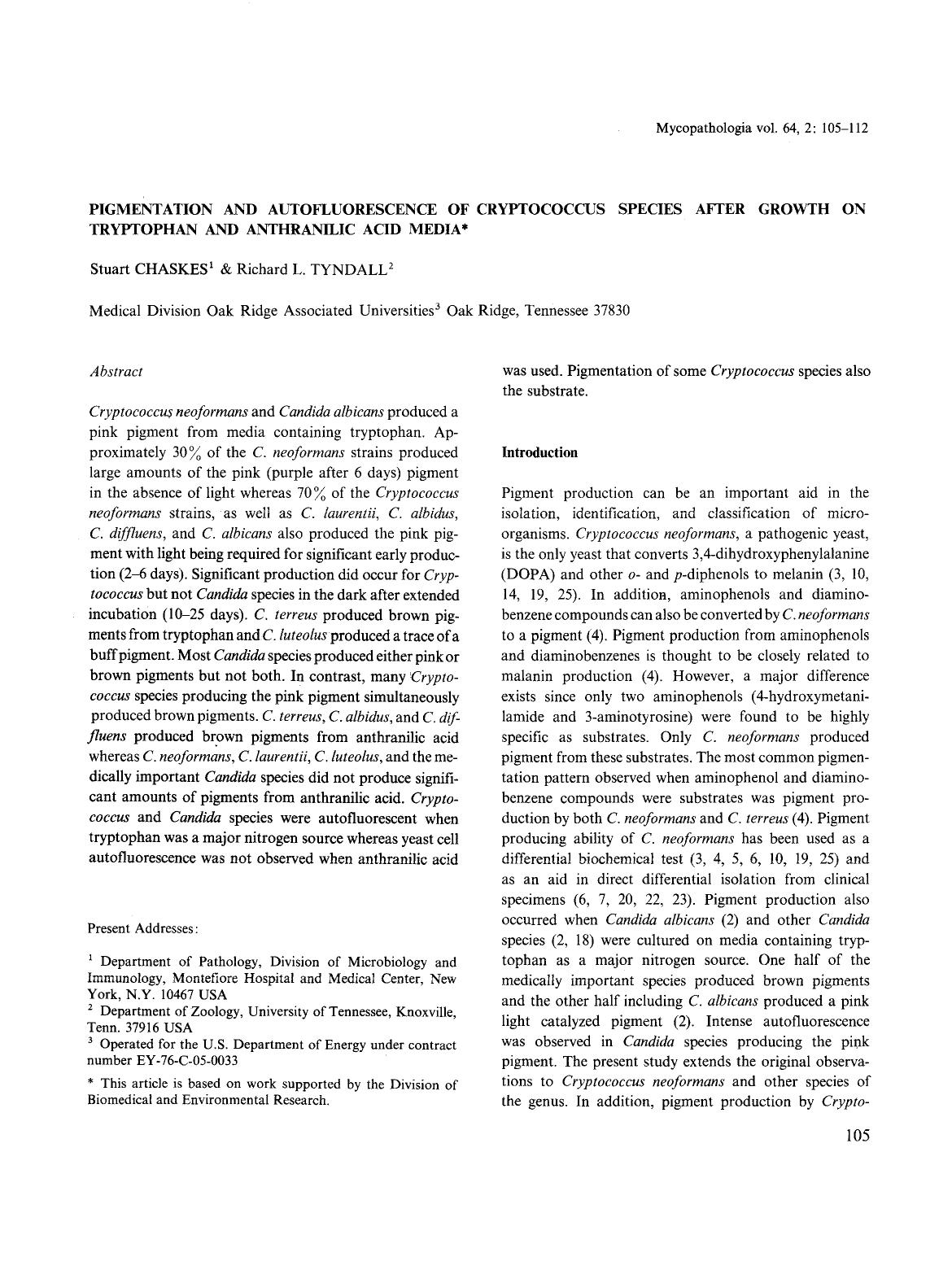 Pigmentation and autofluorescence of Cryptococcus species after growth on tryptophan and anthranilic acid media by Unknown