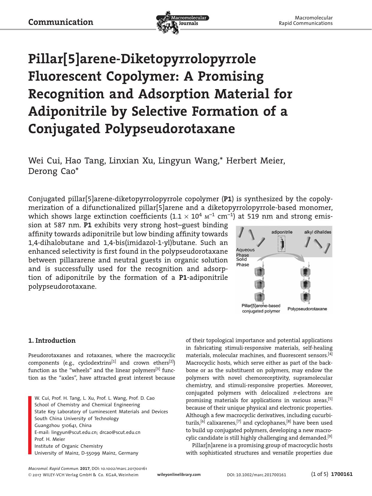 Pillar[5]arene&#x02010;Diketopyrrolopyrrole Fluorescent Copolymer: A Promising Recognition and Adsorption Material for Adiponitrile by Selective Formation of a Conjugated Polypseudorotaxane by Unknown