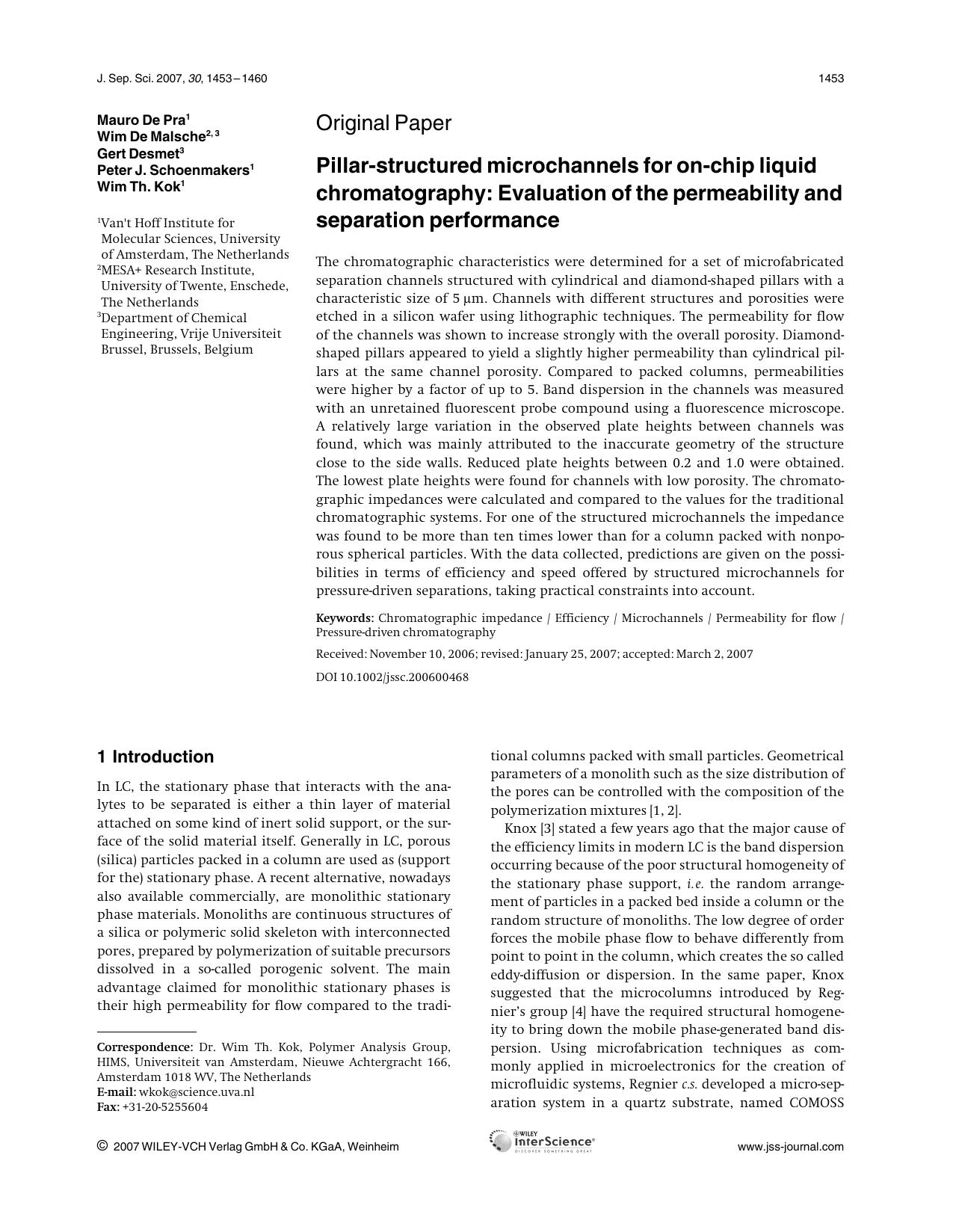 Pillar-structured microchannels for on-chip liquid chromatography: Evaluation of the permeability and separation performance by Unknown