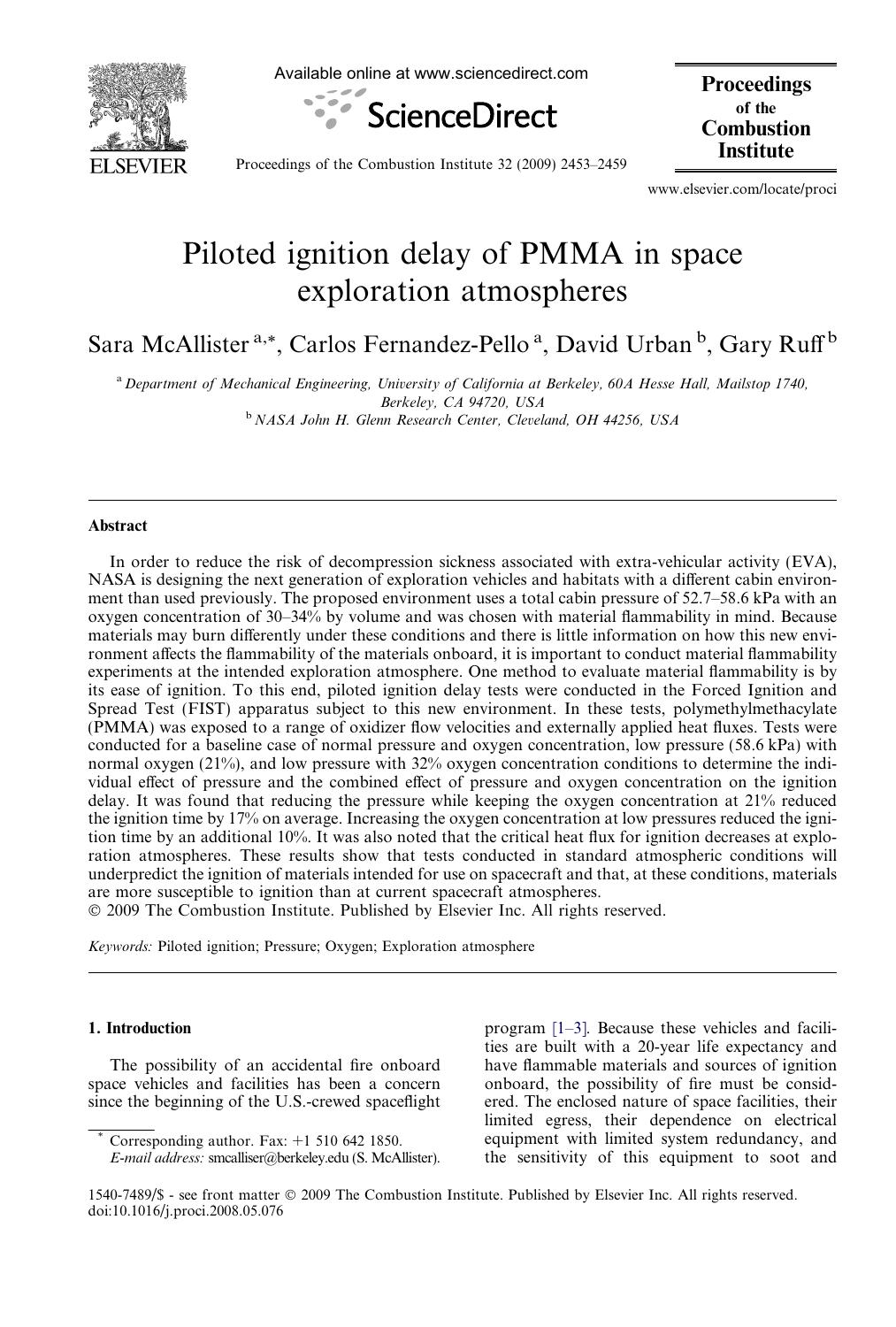 Piloted ignition delay of PMMA in space exploration atmospheres by Sara McAllister; Carlos Fernandez-Pello; David Urban; Gary Ruff