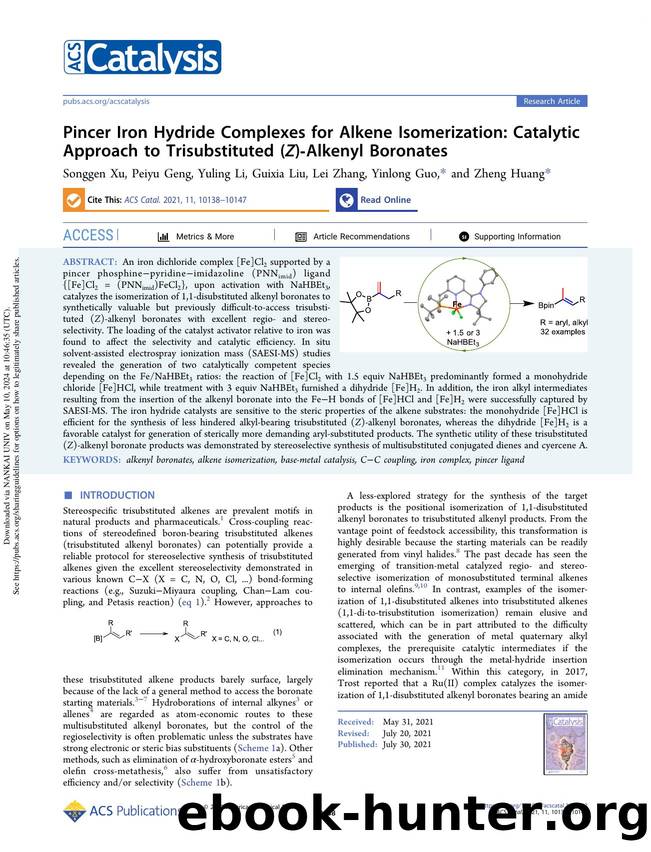 Pincer Iron Hydride Complexes for Alkene Isomerization: Catalytic Approach to Trisubstituted (Z)-Alkenyl Boronates by Songgen Xu Peiyu Geng Yuling Li Guixia Liu Lei Zhang Yinlong Guo & Zheng Huang