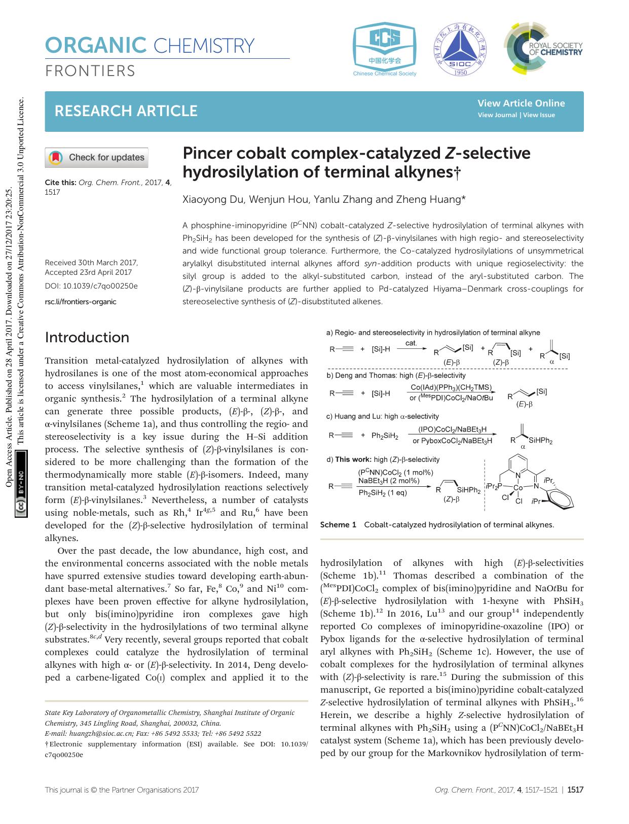 Pincer cobalt complex-catalyzed Z-selective hydrosilylation of terminal alkynes by Xiaoyong Du Wenjun Hou Yanlu Zhang Zheng Huang