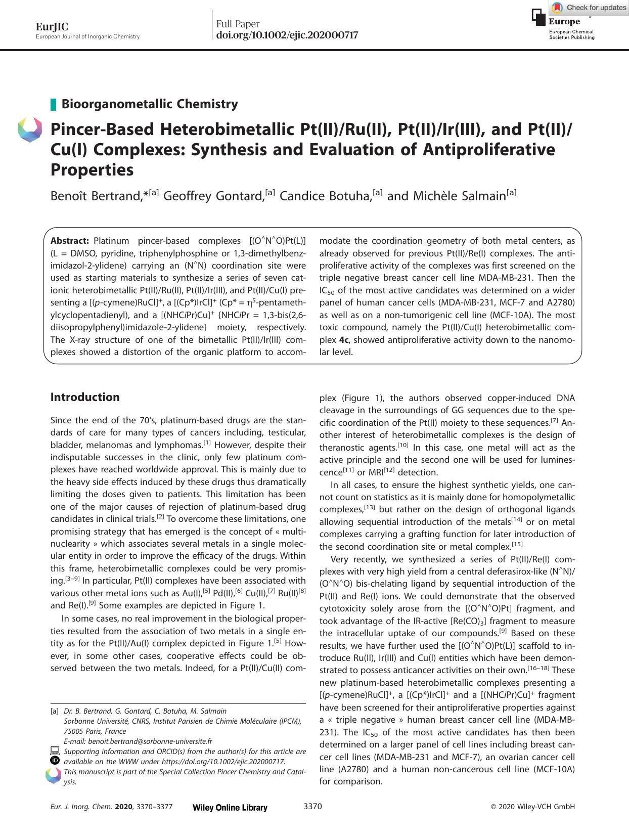 PincerâBased Heterobimetallic Pt(II)Ru(II), Pt(II)Ir(III), and Pt(II)Cu(I) Complexes: Synthesis and Evaluation of Antiproliferative Properties by Unknown