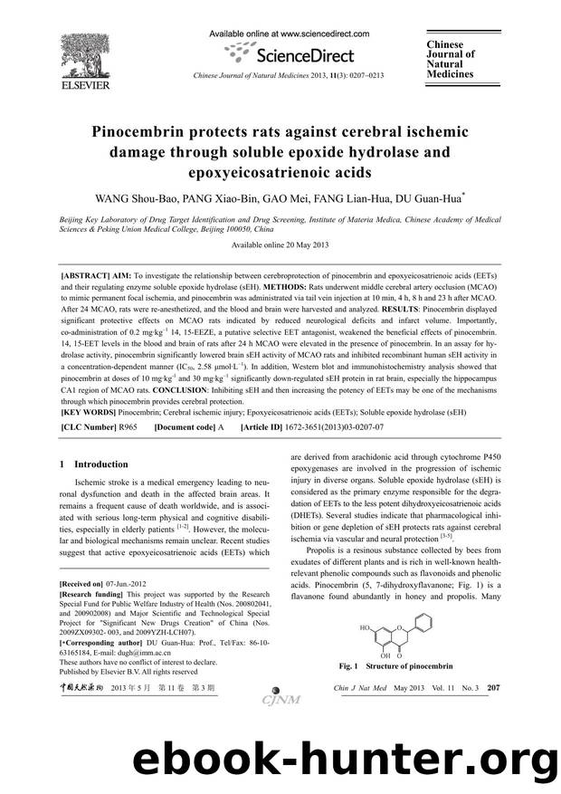 Pinocembrin protects rats against cerebral ischemic damage through soluble epoxide hydrolase and epoxyeicosatrienoic acids by Shou-Bao WANG & Xiao-Bin PANG & Mei GAO & Lian-Hua FANG & Guan-Hua DU