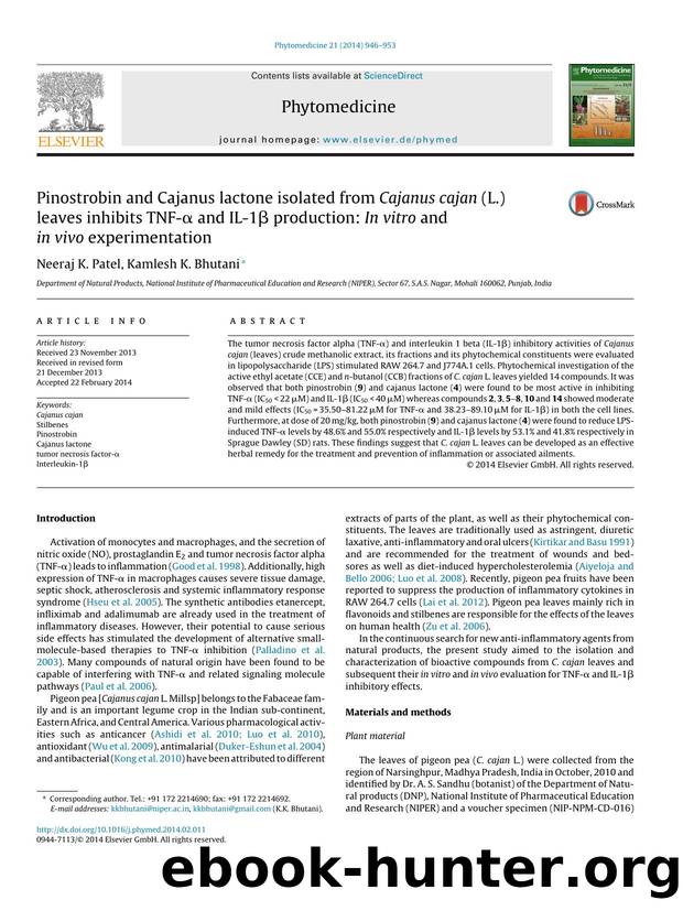Pinostrobin and Cajanus lactone isolated from Cajanus cajan (L.) leaves inhibits TNF-Î± and IL-1Î² production: In vitro and in vivo experimentation by Neeraj K. Patel & Kamlesh K. Bhutani