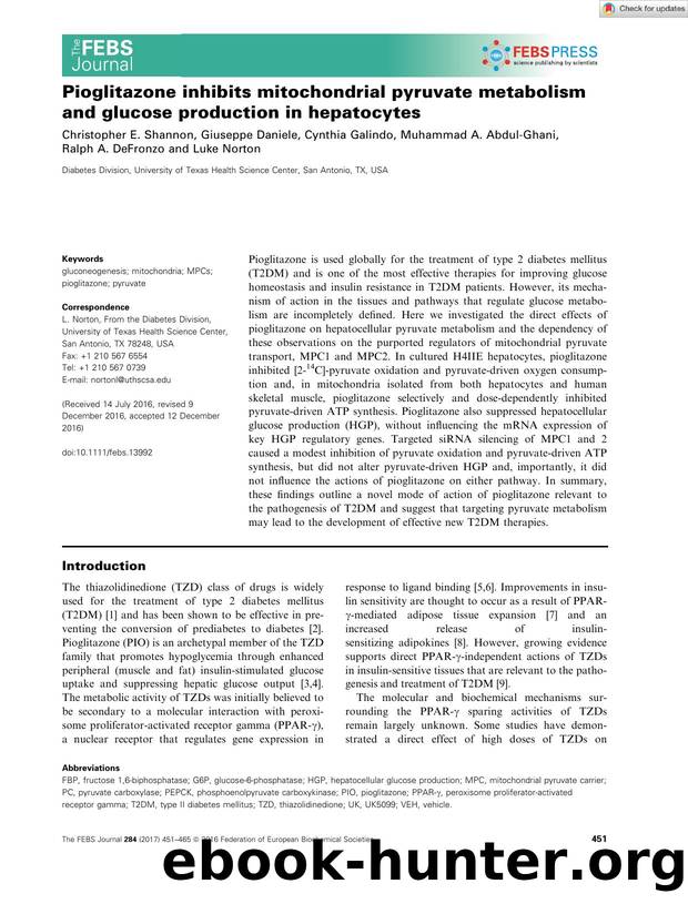 Pioglitazone inhibits mitochondrial pyruvate metabolism and glucose production in hepatocytes by Unknown