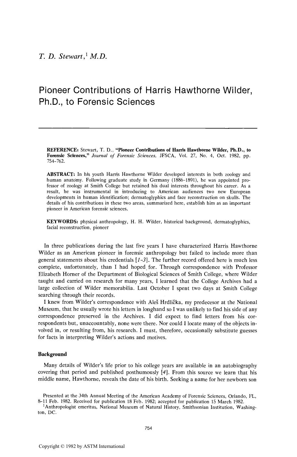 Pioneer Contributions of Harris Hawthorne Wilder, Ph.D., to Forensic Sciences by Stewart TD