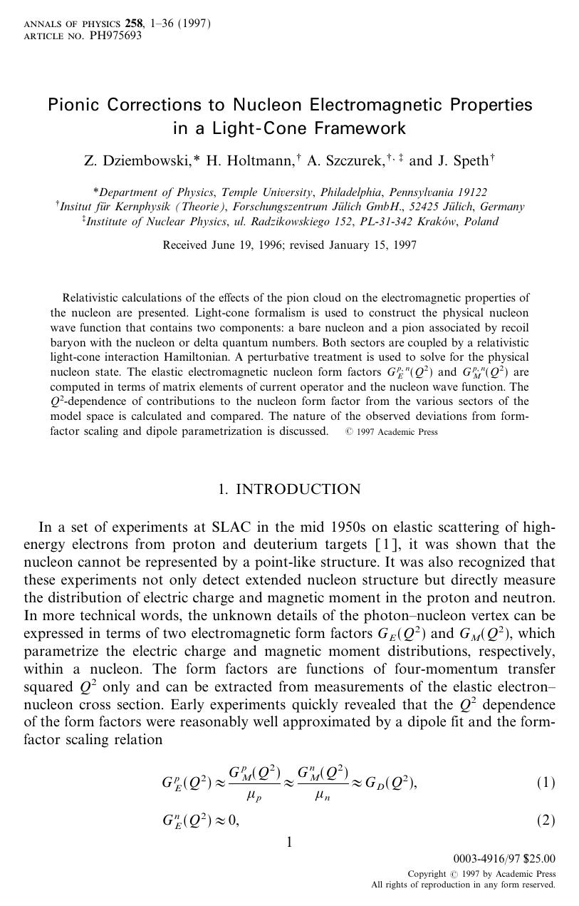 Pionic Corrections to Nucleon Electromagnetic Properties in a Light-Cone Framework by Dziembowski Z. et al