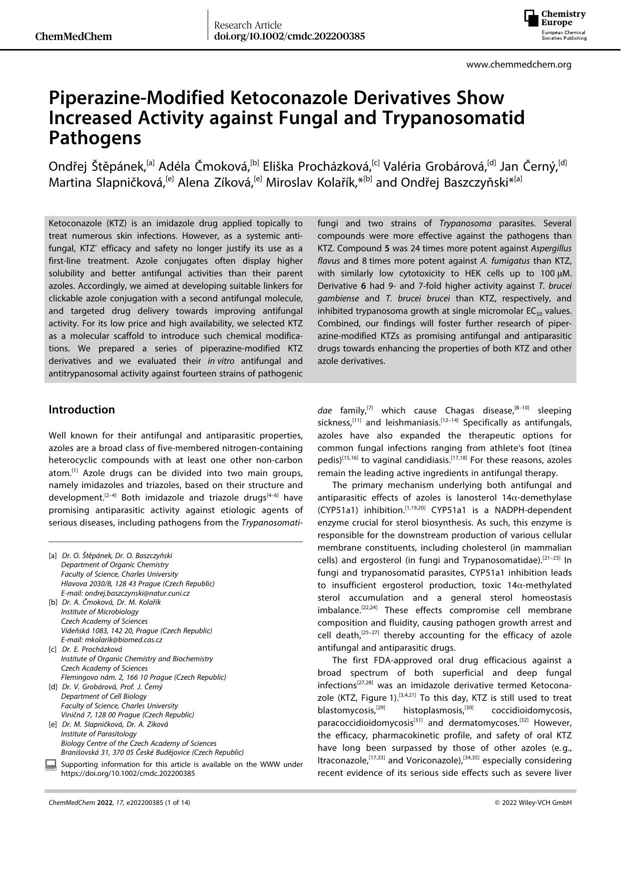 PiperazineâModified Ketoconazole Derivatives Show Increased Activity against Fungal and Trypanosomatid Pathogens by Unknown