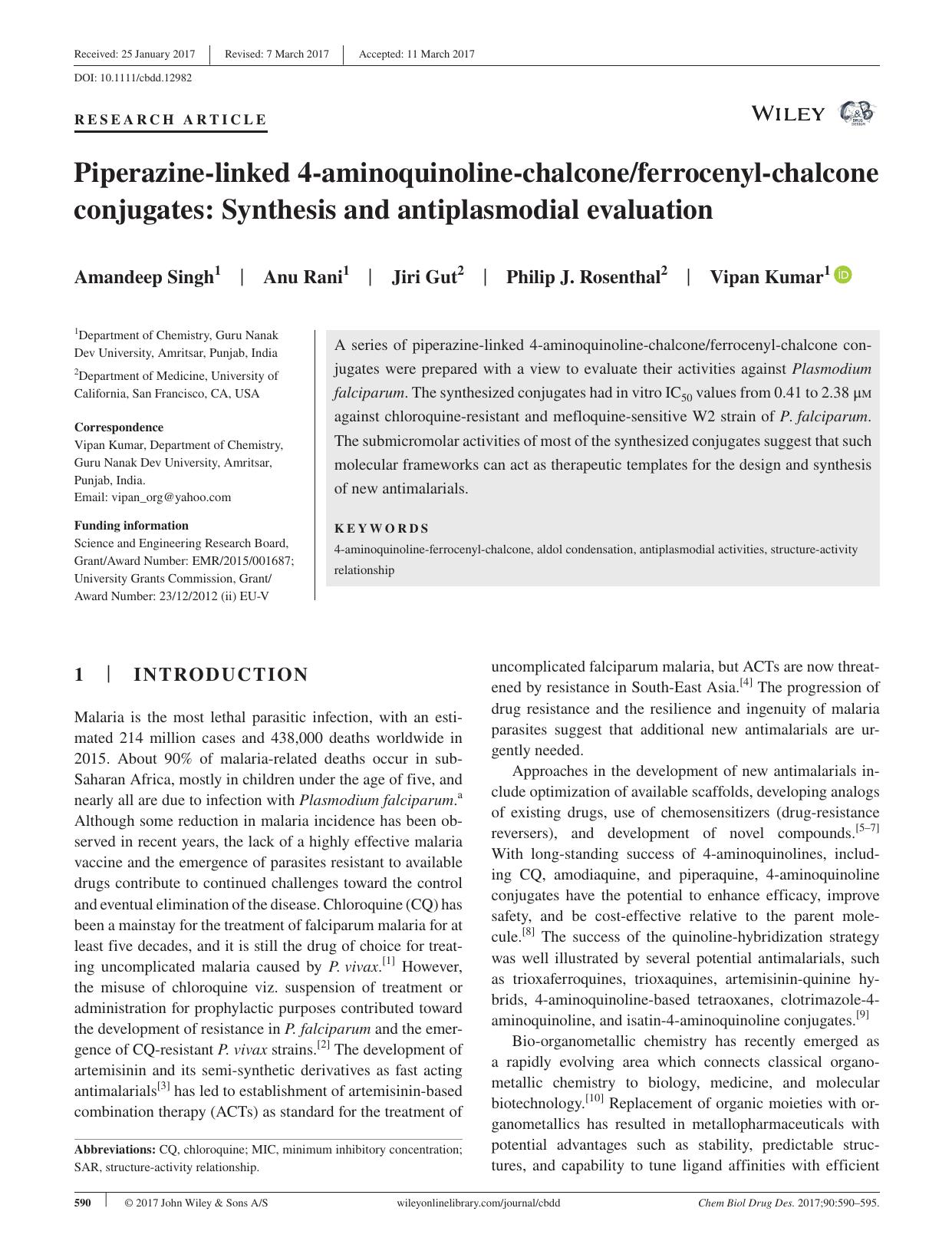 Piperazine‐linked 4‐aminoquinoline‐chalconeferrocenyl‐chalcone conjugates: Synthesis and antiplasmodial evaluation by unknow