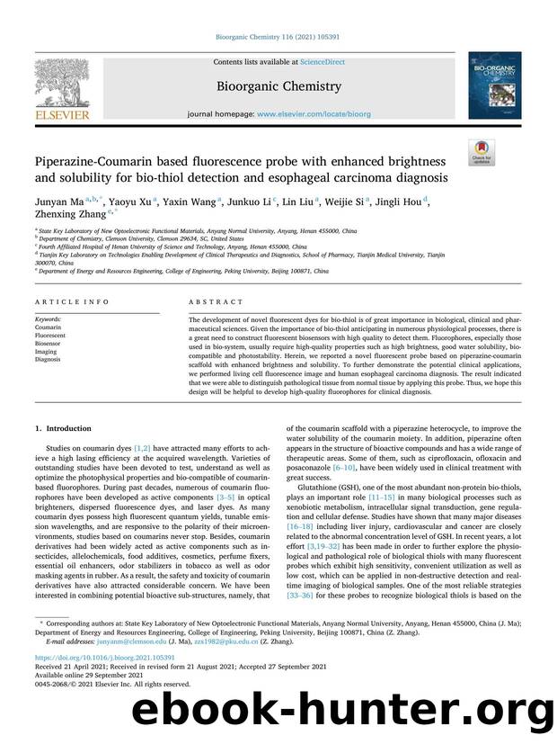 Piperazine-Coumarin based fluorescence probe with enhanced brightness and solubility for bio-thiol detection and esophageal carcinoma diagnosis by Junyan Ma & Yaoyu Xu & Yaxin Wang & Junkuo Li & Lin Liu & Weijie Si & Jingli Hou & Zhenxing Zhang
