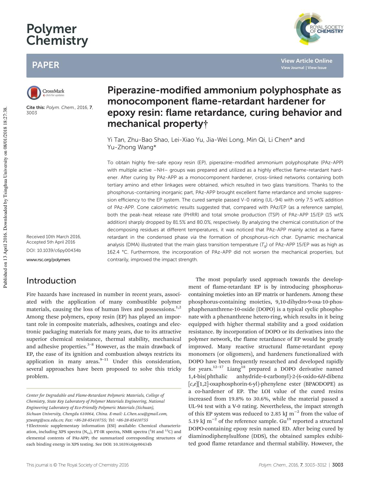 Piperazine-modified ammonium polyphosphate as monocomponent flame-retardant hardener for epoxy resin: flame retardance, curing behavior and mechanical property by Yi Tan Zhu-Bao Shao Lei-Xiao Yu Jia-Wei Long Min Qi Li Chen Yu-Zhong Wang