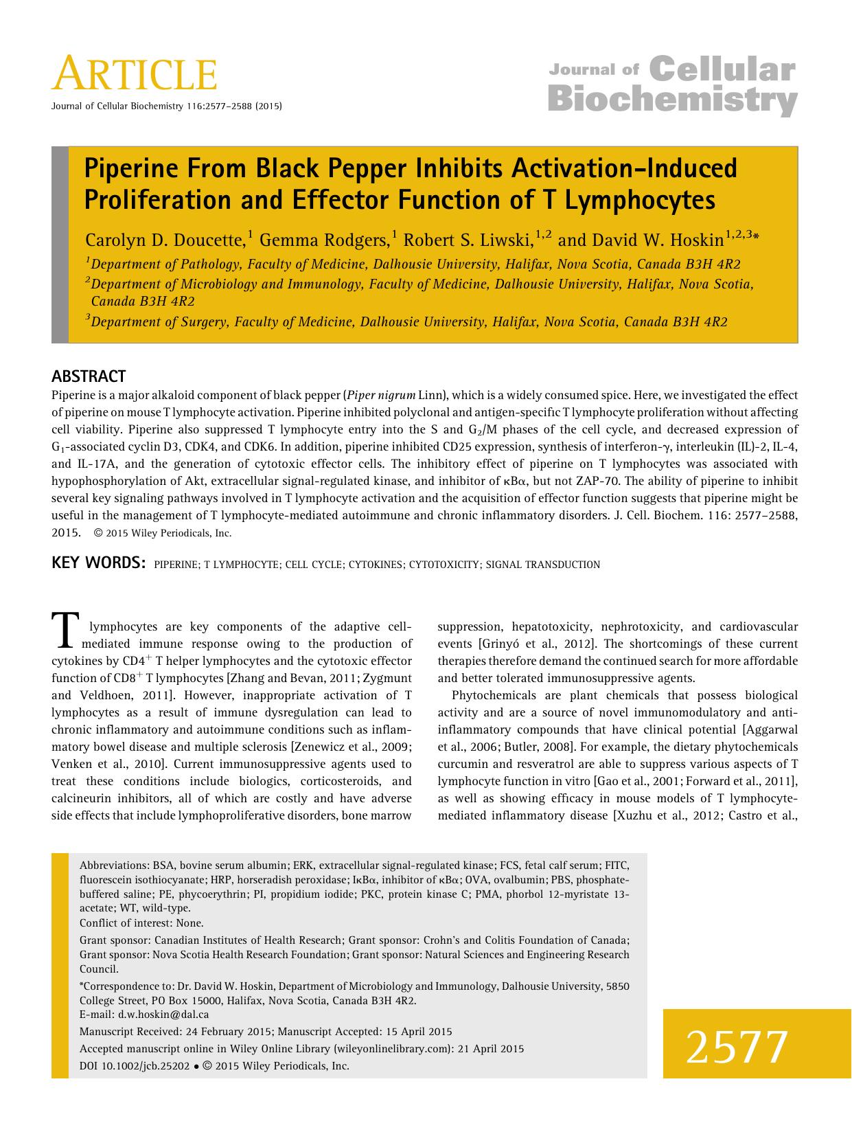 Piperine From Black Pepper Inhibits Activation-Induced Proliferation and Effector Function of T Lymphocytes by Unknown