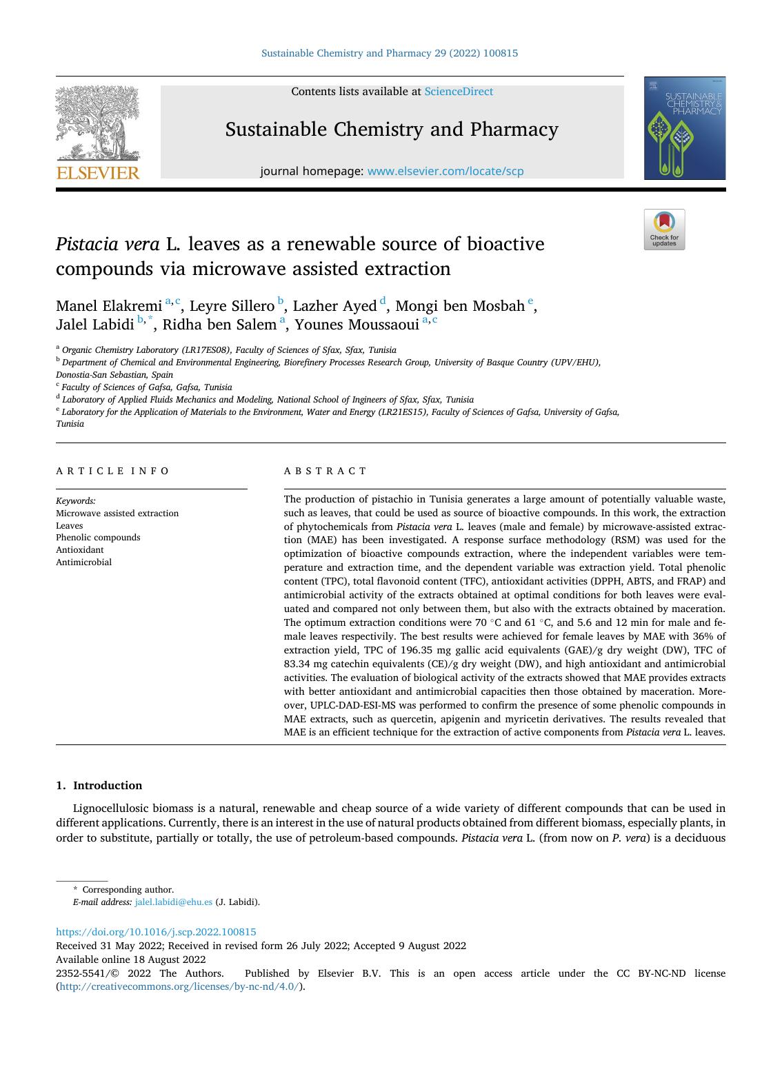 Pistacia vera L. leaves as a renewable source of bioactive compounds via microwave assisted extraction by unknow