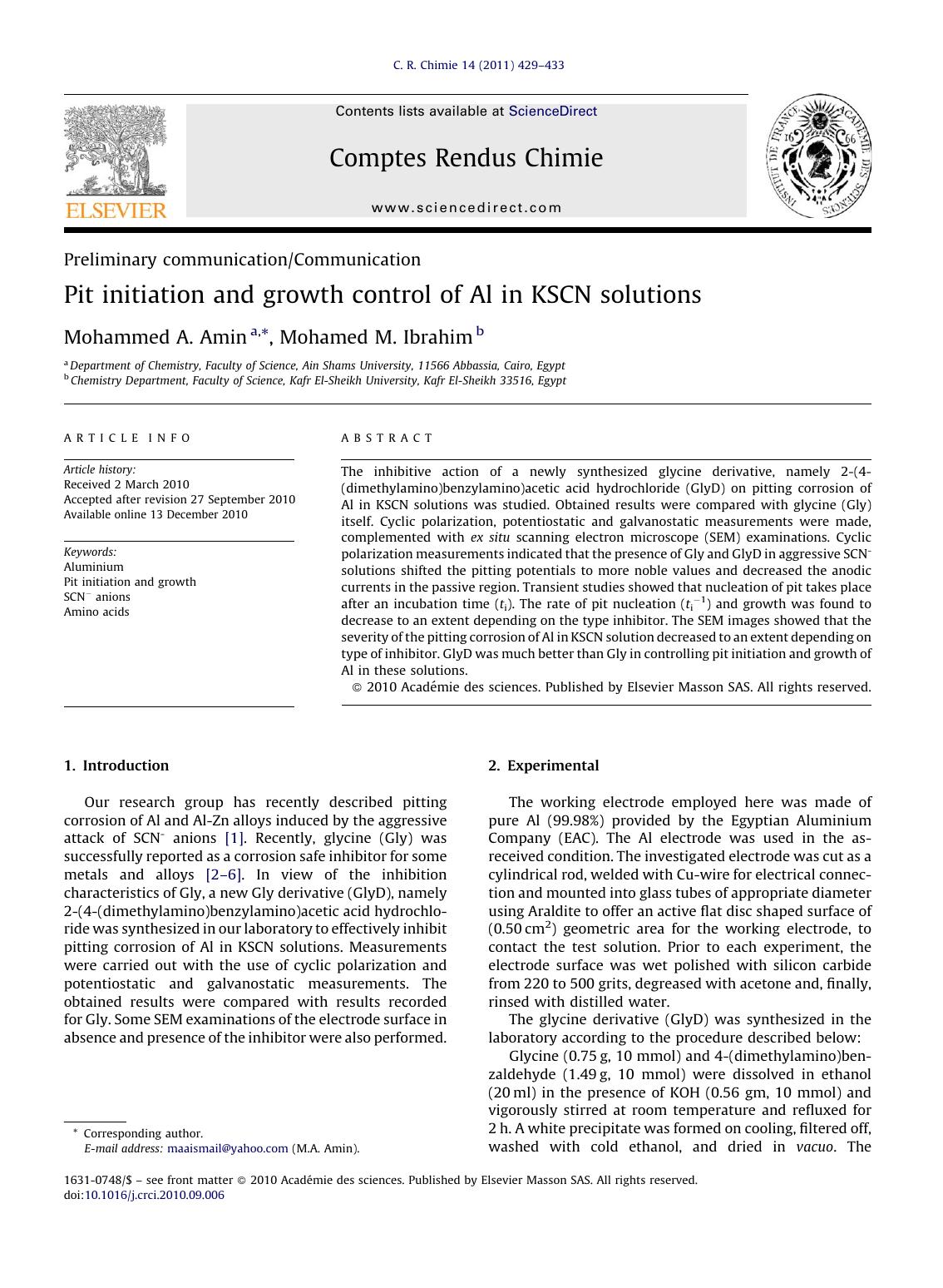 Pit initiation and growth control of Al in KSCN solutions by Mohammed A. Amin