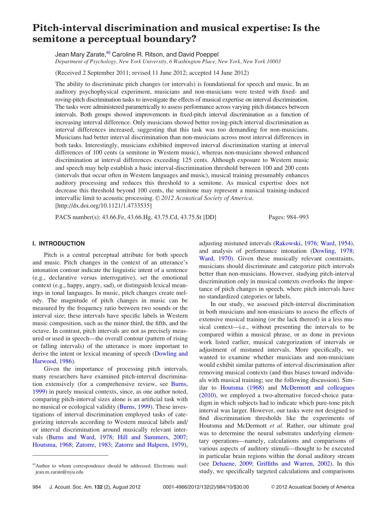 Pitch-interval discrimination and musical expertise: Is the semitone a perceptual boundary? by Jean Mary Zarate a) Caroline R. Ritson and David Poeppel