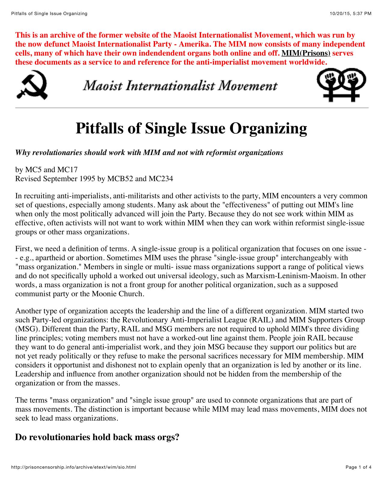 Pitfalls of Single Issue Organizing by Why Join A Party?