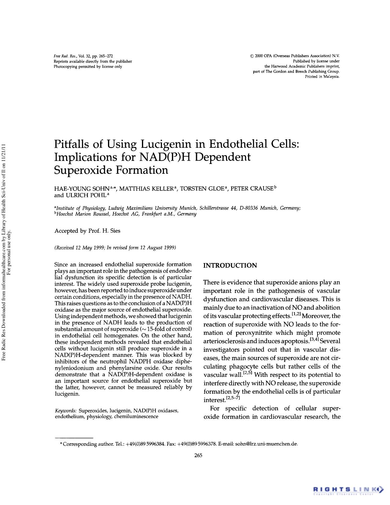 Pitfalls of using lucigenin in endothelial cells: Implications for NAD(P)H dependent superoxide formation by Hae-Young Sohn Matthias Keller Torsten Gloe Peter Crause & Ulrich Pohl