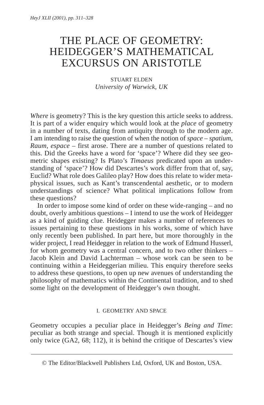 Place Of Geometry [Heidegger's Mathematical Excursus On Aristotle] by Unknown