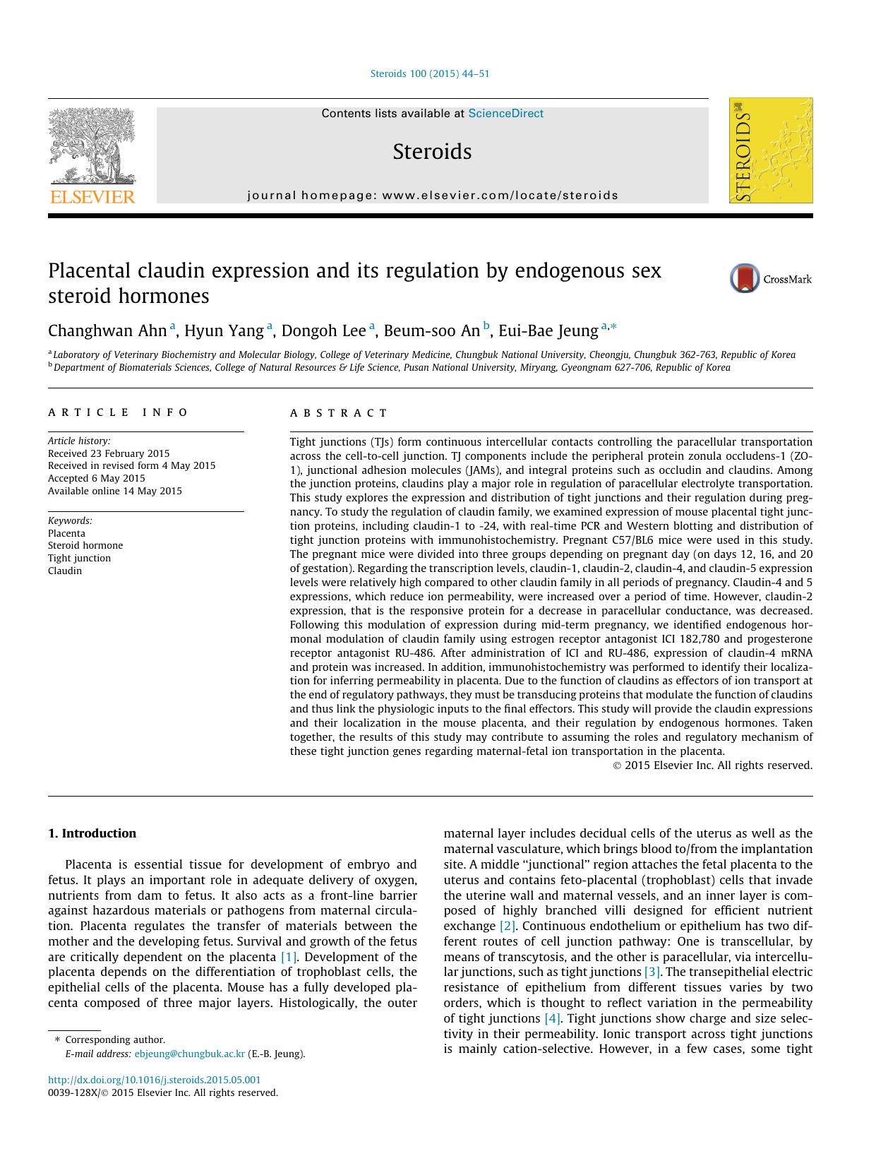 Placental claudin expression and its regulation by endogenous sex steroid hormones by Changhwan Ahn & Hyun Yang & Dongoh Lee & Beum-soo An & Eui-Bae Jeung