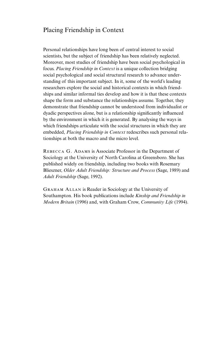 Placing Friendship in Context by Rebecca G. Adams Graham Allan