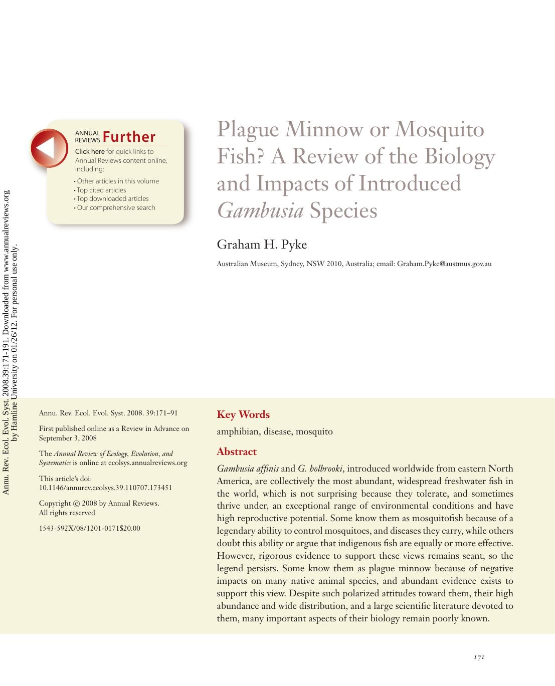 Plague Minnow or Mosquito Fish? A Review of the Biology and Impacts of Introduced Gambusia Species by Graham H. Pyke